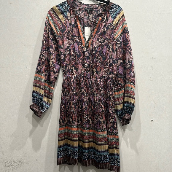 Anthropologie Current Air Pleated Mini Long Sleeve Dress XS purple paisley NWT - Picture 2 of 8